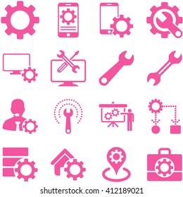 Options and service tools icon set. Vector style is flat symbols, pink color, rounded angles, white background.