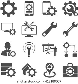 Options and service tools icon set. Vector style is flat symbols, gray color, rounded angles, white background.