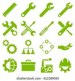 Options and service tools icon set. Vector style is flat symbols, eco green color, rounded angles, white background.