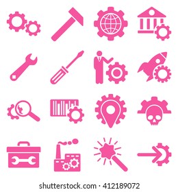 Options and service tools icon set. Vector style is flat symbols, pink color, rounded angles, white background.