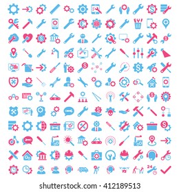 Options and service tools icon set with 144 icons. Vector style is flat bicolor symbols, pink and blue colors, rounded angles, white background.