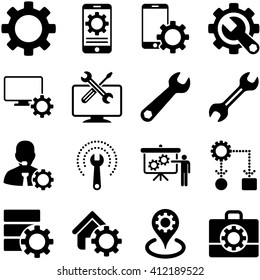 Options and service tools icon set. Vector style is flat symbols, black color, rounded angles, white background.
