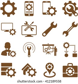 Options and service tools icon set. Vector style is flat symbols, brown color, rounded angles, white background.