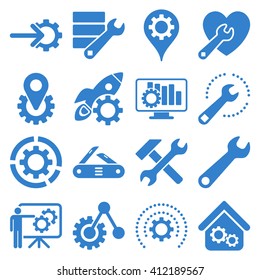 Options and service tools icon set. Vector style is flat symbols, cobalt color, rounded angles, white background.