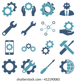 Options and service tools icon set. Vector style is flat bicolor symbols, cyan and blue colors, rounded angles, white background.
