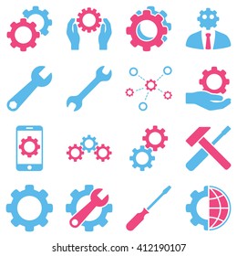 Options and service tools icon set. Vector style is flat bicolor symbols, pink and blue colors, rounded angles, white background.