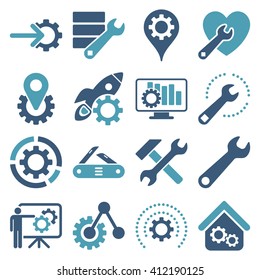 Options and service tools icon set. Vector style is flat bicolor symbols, cyan and blue colors, rounded angles, white background.