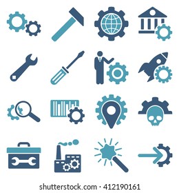 Options and service tools icon set. Vector style is flat bicolor symbols, cyan and blue colors, rounded angles, white background.