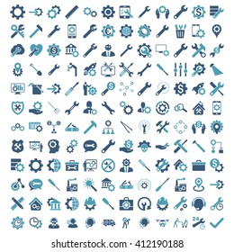 Options and service tools icon set with 144 icons. Vector style is flat bicolor symbols, cyan and blue colors, rounded angles, white background.