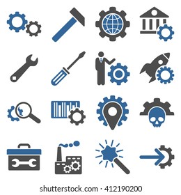 Options and service tools icon set. Vector style is flat bicolor symbols, cobalt and gray colors, rounded angles, white background.