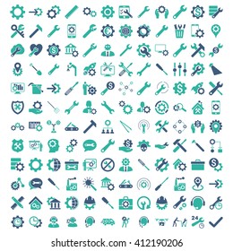 Options and service tools icon set with 144 icons. Vector style is flat bicolor symbols, cobalt and cyan colors, rounded angles, white background.