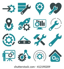 Options and service tools icon set. Vector style is flat bicolor symbols, soft blue colors, rounded angles, white background.