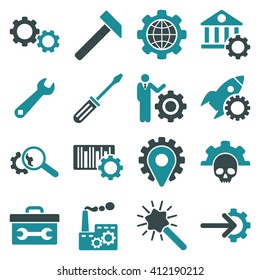 Options and service tools icon set. Vector style is flat bicolor symbols, soft blue colors, rounded angles, white background.