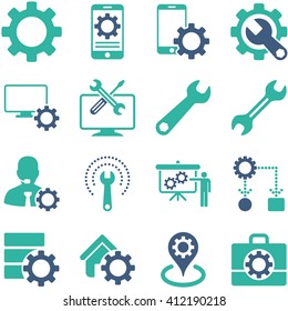 Options and service tools icon set. Vector style is flat bicolor symbols, cobalt and cyan colors, rounded angles, white background.