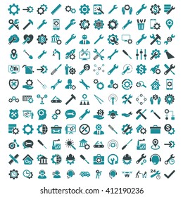 Options and service tools icon set with 144 icons. Vector style is flat bicolor symbols, soft blue colors, rounded angles, white background.