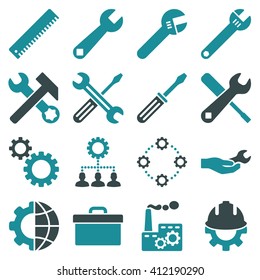 Options and service tools icon set. Vector style is flat bicolor symbols, soft blue colors, rounded angles, white background.