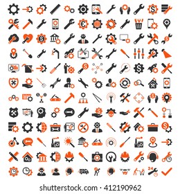 Options and service tools icon set with 144 icons. Vector style is flat bicolor symbols, orange and gray colors, rounded angles, white background.