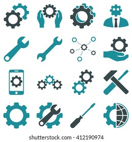 Options and service tools icon set. Vector style is flat bicolor symbols, soft blue colors, rounded angles, white background.
