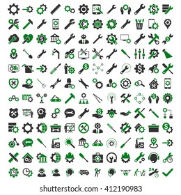 Options and service tools icon set with 144 icons. Vector style is flat bicolor symbols, green and gray colors, rounded angles, white background.