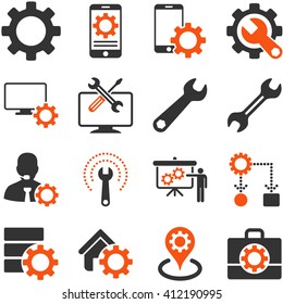 Options and service tools icon set. Vector style is flat bicolor symbols, orange and gray colors, rounded angles, white background.
