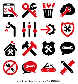 Options and service tools icon set. Vector style is flat bicolor symbols, intensive red and black colors, rounded angles, white background.
