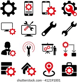 Options and service tools icon set. Vector style is flat bicolor symbols, intensive red and black colors, rounded angles, white background.