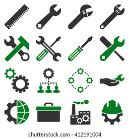 Options and service tools icon set. Vector style is flat bicolor symbols, green and gray colors, rounded angles, white background.