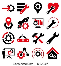Options and service tools icon set. Vector style is flat bicolor symbols, intensive red and black colors, rounded angles, white background.