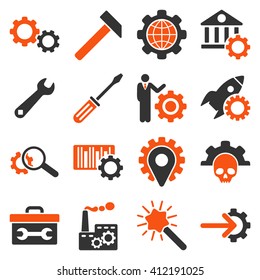 Options and service tools icon set. Vector style is flat bicolor symbols, orange and gray colors, rounded angles, white background.