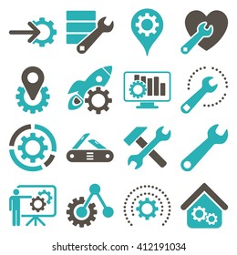 Options and service tools icon set. Vector style is flat bicolor symbols, grey and cyan colors, rounded angles, white background.