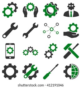 Options and service tools icon set. Vector style is flat bicolor symbols, green and gray colors, rounded angles, white background.