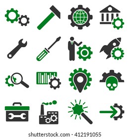 Options and service tools icon set. Vector style is flat bicolor symbols, green and gray colors, rounded angles, white background.