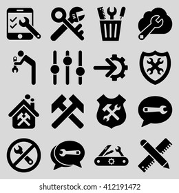 Options and service tools icon set. Vector style is flat symbols, black color, rounded angles, light gray background.