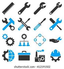 Options and service tools icon set. Vector style is flat bicolor symbols, blue and gray colors, rounded angles, white background.
