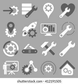 Options and service tools icon set. Vector style is flat bicolor symbols, dark gray and white colors, rounded angles, silver background.