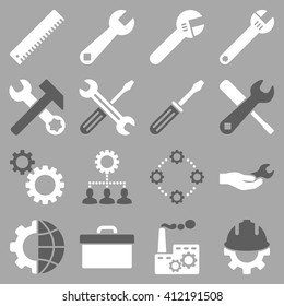 Options and service tools icon set. Vector style is flat bicolor symbols, dark gray and white colors, rounded angles, silver background.
