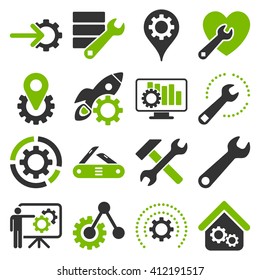 Options and service tools icon set. Vector style is flat bicolor symbols, eco green and gray colors, rounded angles, white background.