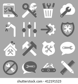 Options and service tools icon set. Vector style is flat bicolor symbols, dark gray and white colors, rounded angles, silver background.