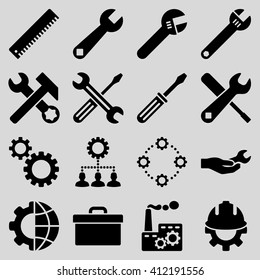 Options and service tools icon set. Vector style is flat symbols, black color, rounded angles, light gray background.