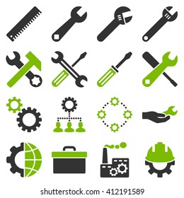 Options and service tools icon set. Vector style is flat bicolor symbols, eco green and gray colors, rounded angles, white background.