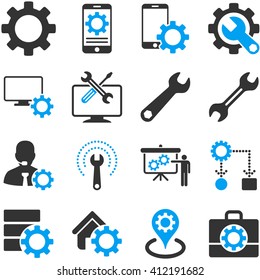 Options and service tools icon set. Vector style is flat bicolor symbols, blue and gray colors, rounded angles, white background.