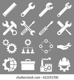 Options and service tools icon set. Vector style is flat symbols, white color, rounded angles, gray background.
