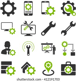 Options and service tools icon set. Vector style is flat bicolor symbols, eco green and gray colors, rounded angles, white background.