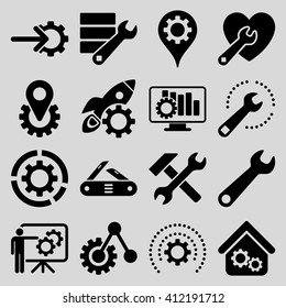 Options and service tools icon set. Vector style is flat symbols, black color, rounded angles, light gray background.
