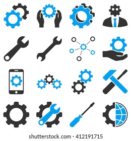 Options and service tools icon set. Vector style is flat bicolor symbols, blue and gray colors, rounded angles, white background.