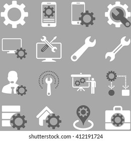 Options and service tools icon set. Vector style is flat bicolor symbols, dark gray and white colors, rounded angles, silver background.