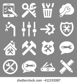 Options and service tools icon set. Vector style is flat symbols, white color, rounded angles, gray background.
