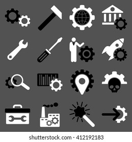 Options and service tools icon set. Vector style is flat bicolor symbols, black and white colors, rounded angles, gray background.