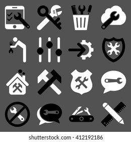 Options and service tools icon set. Vector style is flat bicolor symbols, black and white colors, rounded angles, gray background.