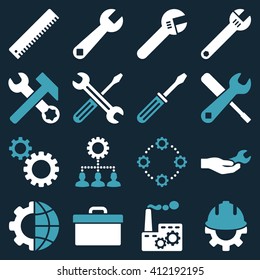 Options and service tools icon set. Vector style is flat bicolor symbols, blue and white colors, rounded angles, dark blue background.